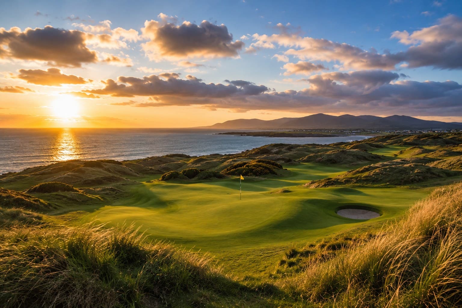 Sunset over an Irish links golf course